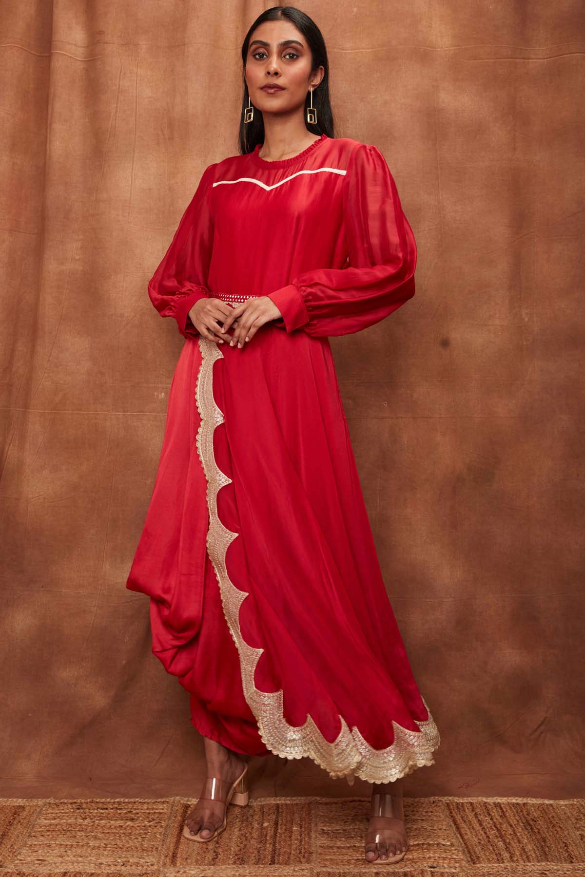 Buy Red Silk Organza Cowled Dress for Women Online
